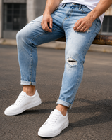 Jean slim déchiré bleu clair pour homme, effet vieilli, coupe ajustée, décontracté, polyvalent, style urbain