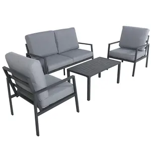 Set Sofa teras luar ruangan aluminium 4 buah furnitur logam berlapis serbuk untuk penggunaan taman eksterior Hotel dan vila