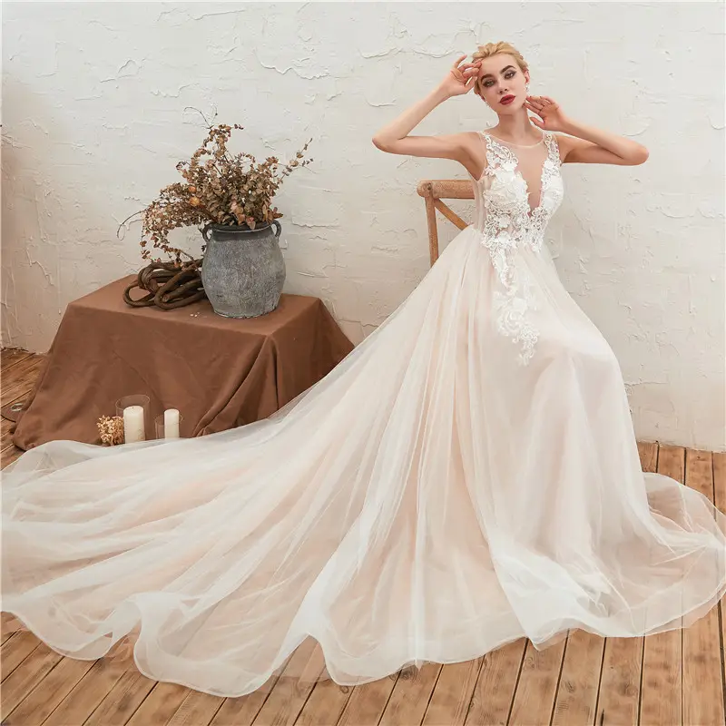 Trắng Ngà Màu V Cổ A Line 3D Flower Đính Ảnh Thật Boho Bãi Biển Mùa Hè Bridal Dress 2019 Tulle Wedding Dress Cộng Với Kích Thước