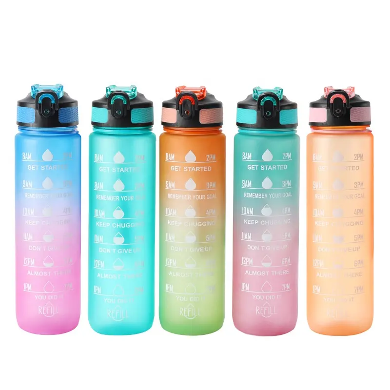 Wholesale Reusable Colorful 2 Litre Bpa Free Custom Plastic Hot And Cold Gradient Sport Motivational Gym Water Bottle With Straw