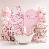 Décor de fête d'anniversaire pour enfants : Ensemble de toile de fond moderne en panneau KT imprimé numérique avec motif carrousel et ballons pour une ambiance douce