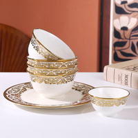 Service de vaisselle en céramique luxueux avec incrustations dorées, vaisselle portable compatible lave-vaisselle