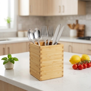 Kitchen Counter Cooking Tool Crock Organizer Natural Bamboo Utensils <strong>Holder</strong> with Anti Slip Base - Product Image 1