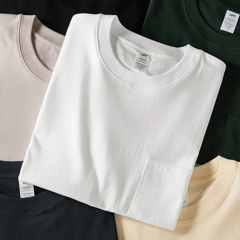 Amerikaanse 230G Heavy Pocket T-Shirt Met Korte Mouwen En Ronde Hals Los Puur Katoen Buiten Om Het Basisshirt Neutrale Zomer Te Dragen