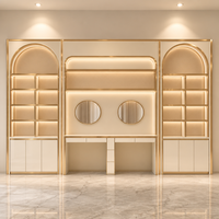 Meuble de salle de bain avec miroir circulaire, vitrine à étagères en verre rétroéclairées par LED, finition or rose, meubles de luxe