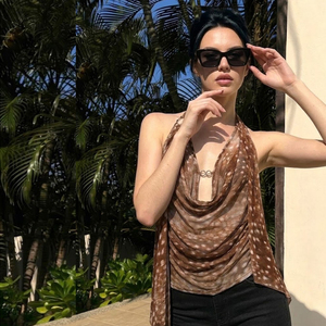 Débardeur Halter Tricoté à Col Cache-cœur Court, Imprimé à Pois, Dos Nu avec Boucle Métallique et Nœud en Ruban, pour Fête et Vacances - Product Image 3