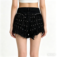 Lässige Feder-Denim-Shorts Schwarz Hochgeschnitten mit Strass-Besatz Fransen Ausgefranster Saum Glitzernde Clubwear Ausgehkleidung Damen-Jeansshorts
