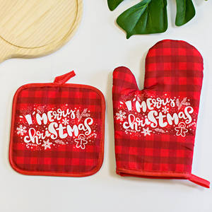 Ensemble <span class=keywords><strong>de</strong></span> gants <span class=keywords><strong>et</strong></span> <span class=keywords><strong>de</strong></span> tapis isolants en tissu pour utilisation au four à micro-ondes, motif imprimé Noël Halloween - Product Image 3
