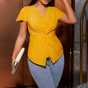 Baju Olahraga Wanita Lengan Pendek Kerut Elegan Model V-Neck Solid Twist untuk Musim Panas - Product Image 5