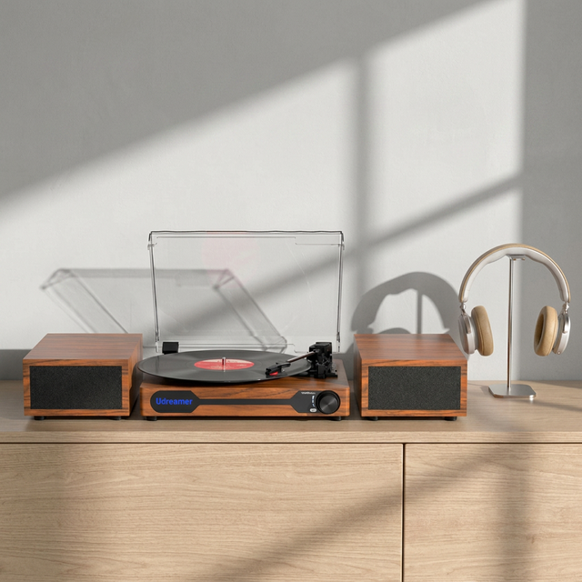 Luxury Retro Mid-Century Modern with Independent Speakers 3-Speed Wireless Bluetooth Vinyl Record Player