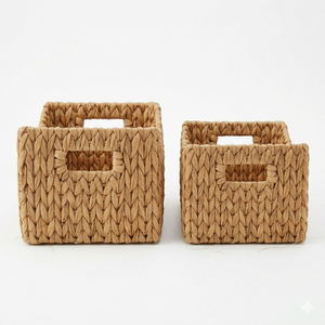 Natural Water Hyacinth <b>Storage</b> Basket Handmade Woven <b>Shelf</b> Organizer Bin With Built In Handles For Cozy Boho Home Decoration - Product Image 1