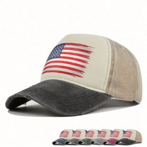 En stock – Casquettes de baseball en coton délavé style « Dad Hat » avec logo imprimé drapeau américain, en promotion - Product Image 1