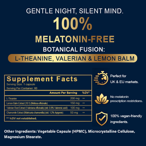 Capsules d'aide au sommeil à la L-Théanine et au Mélisse : Soulage <span class=keywords><strong>le</strong></span> stress, détente mentale, aide au sommeil, végétaliennes, sans gluten - Product Image 6