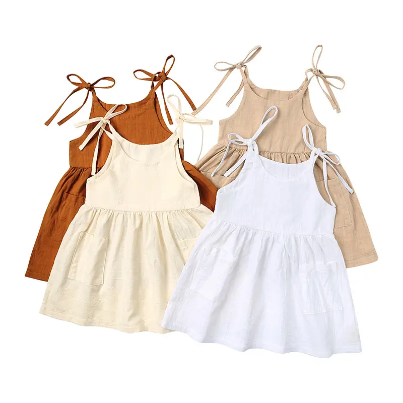 Verão Toddler Girl Dress Algodão sólido sem mangas Crianças linho Dress Kids Sundress Slip Dress Moda Meninas Vestuário