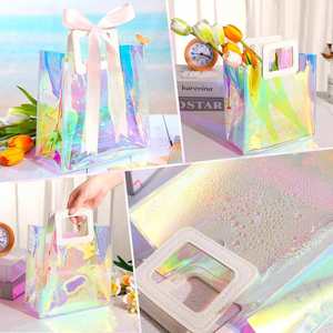 Custom Holiday <b>Wedding</b> Birthday <b>Gift</b> <b>Wrap</b> With Handle Rainbow Transparent Reusable Medium Pvc Hologram Bag - Product Image 2
