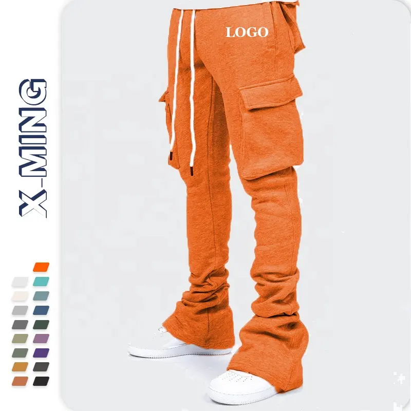 Özel logo adam yığılmış sweatpants slim fit streetwear erkek kargo cepleri büyük boy jogger yığını pantolon ucuz eşofman altları