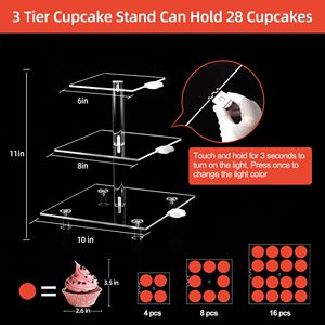 Fabrieksgroothandel 3-laags acryl cupcaketoren met oplaadbaar licht, transparante desserttafelstandaard voor bruiloft, afstuderen, Pasen - Product Image 3