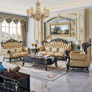 Set di Divani in Legno Massiccio Intagliato Stile Antico Europeo di Lusso, 1 2 3 Posti, <span class=keywords><strong>Mobili</strong></span> per Soggiorno in Vera Pelle - Product Image 1