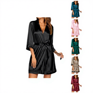 Conjunto de Pijama de Seda para Mujer Ekouaer, con Logotipo Personalizado, Kimono de Satén de Manga Media con Ribete de Encaje y Logotipo en la Parte Delantera - Product Image 1