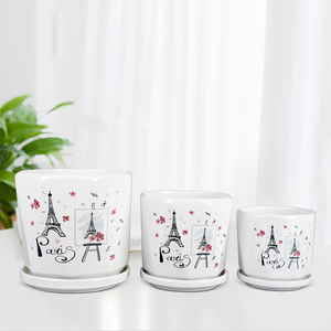 Ensemble de 3 pots de fleurs en céramique Tour Eiffel de <span class=keywords><strong>Paris</strong></span> avec soucoupe, style français, rose - Product Image 1