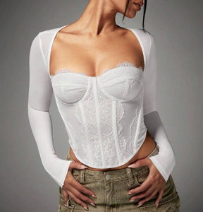Nueva llegada al por mayor bordado encaje Bustier Top para las mujeres de manga larga corsé tubo cintura entrenador camiseta - Product Image 2