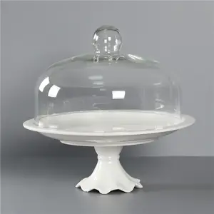 New arrival cake stand decorative ceramic wedding round white porcelain cake plates with glass lid