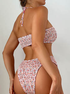 Ensemble de bikini brésilien à imprimé floral pour femmes, dos smocké, bretelles halter, maillot de bain push-up, ensemble de bain de plage 2 pièces, perles - Product Image 3