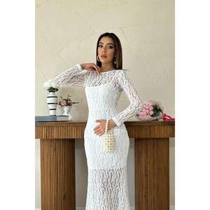 Robe fourreau élégante en dentelle blanche, col montant, manches longues, taille naturelle, tenue de soirée - Product Image 3