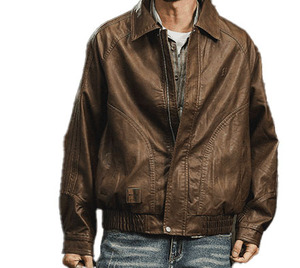 Blouson <span class=keywords><strong>d</strong></span>'<span class=keywords><strong>hiver</strong></span> <span class=keywords><strong>d</strong></span>écontracté en cuir PU pour homme, coupe oversize, avec logo frontal, coupe-vent - Product Image 1