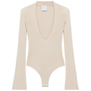 <strong>2026</strong> Manufacturer Women Cotton Flare Sleeve Bodysuit Outfit V-neck Ribbed Knitted One Piece Tight Bodysuit for Women - Product Image 1