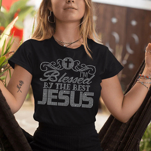 Magliette Religiose Cristiane Personalizzate con Strass, Design 'I Am Blessed' con Applicazione in Strass, Tessuto Elasticizzato - Product Image 1