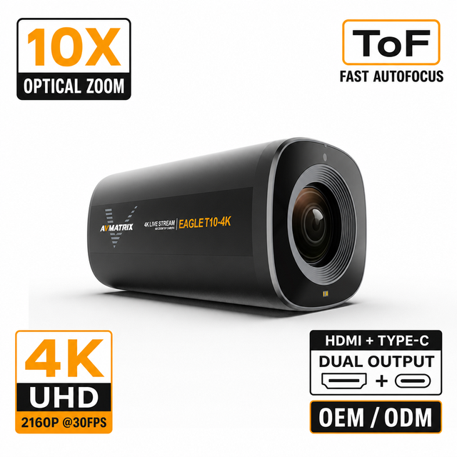 AVMATRIX T10-4K 10X Optical Zoom 4K Live Stream Camera ToF Autofocus, HDMI USB Type-C Dual Output Video Conference Camera OEM