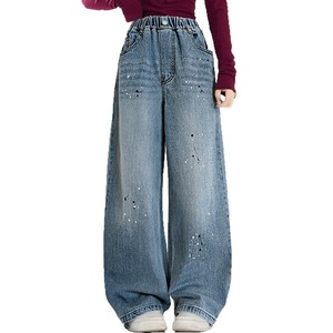 Pantalones <span class=keywords><strong>Vaqueros</strong></span> de Mezclilla para Niñas, con Cuentas y Estampado, Mezcla de Algodón y Poliéster, Transpirables, Color Personalizado, Pierna Recta, Pierna Ancha, Casuales, Elegantes para Salir - Product Image 5