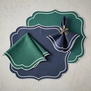 Vente en gros de serviettes de table en lin à bords festonnés, couleur personnalisée, nappins de mariage brodés