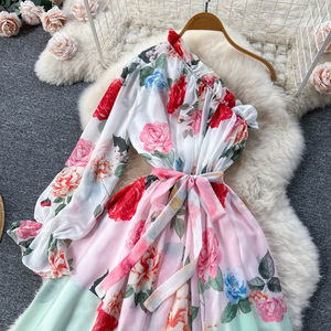 Abito da donna in <span class=keywords><strong>chiffon</strong></span> a maniche lunghe con una spalla obligue personalizzato abito da fata floreale con orlo a vita grande - Product Image 5