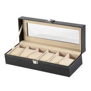 Moderna Caja para Relojes de Cuero PU Negro con 6 Ranuras, Ventana Grande de Vidrio, Interior de Terciopelo Beige, Organizador de Relojes Ejecutivo, Estuche de Exhibición - Product Image 2