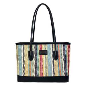 Bolso de playa acolchado de paja con diseño de empalmes, estilo casual, portátil, de hombro, para vacaciones de verano - Product Image 3