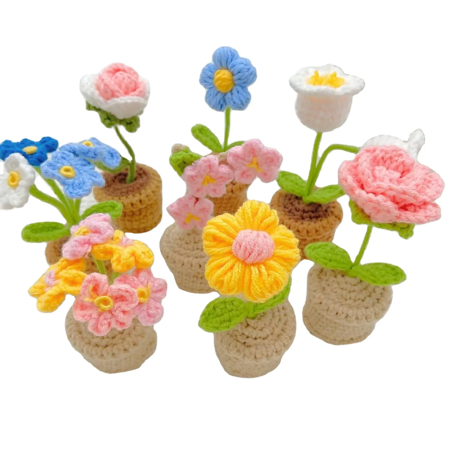 Belle fait à la main Mini fleurs à tricoter en pot tournesol tulipe Rose marguerite Crochet maison bureau voiture décoration Crochet fleurs