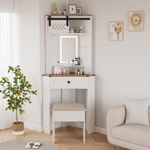 Corner Dressing Table Mirror LED Lighting 1 <strong>Drawer</strong> 6 Hooks 3 <strong>Colours</strong> Adjustable Cosmetic Storage Shelf Modern Bedroom Furniture - Product Image 3