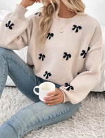 Pull Décontracté Femme Style Européen-Américain pour l'Automne avec Motif Jacquard Nœud Design Simple Logo Avant, Station Indépendante pour le Commerce Extérieur