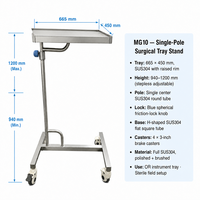 Support de plateau pour instruments chirurgicaux en acier inoxydable SUS304 à barre unique, hauteur réglable 940-1200 mm avec 4 roulettes à frein