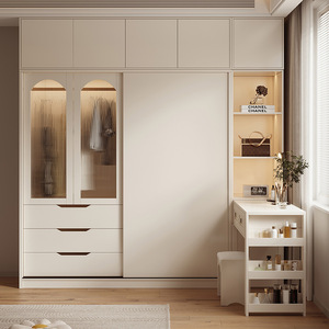 French Style Cream Wardrobe With Desk Integrated Storage Cabinet For Bedroom <b>Modern</b> Minimalist Design - Product Image 2