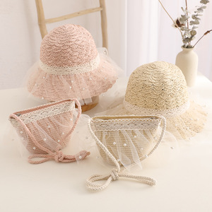 Go Party Summer Sweet Baby Lace Pearl <strong>Hat</strong> <strong>Straw</strong> and Handbag Kids Girls Casual <strong>Hats</strong> Shoulder Bag Set Children Beach Sun Visor <strong>Hat</strong> - Product Image 2