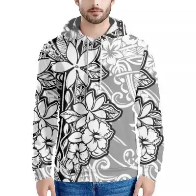 White Simple Hollowed Out Print Men's Hoodie Plumeria Pacific Island Tribal Clothing Men Winter Thick Style Hoodie POD Sweater
