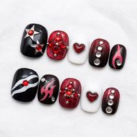 Ongles press-on acryliques faits main personnalisés pour Halloween, style Y2K Punk, carrés courts, avec décorations en strass rouges, cœurs, étoiles et flammes, à coller