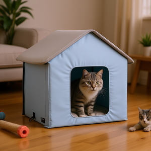 บ้านแมวขนาดเล็กสีฟ้าแบบพับได้พร้อมแผ่นทำความร้อน เฟอร์นิเจอร์สำหรับสัตว์เลี้ยงในบ้าน - Product Image 2