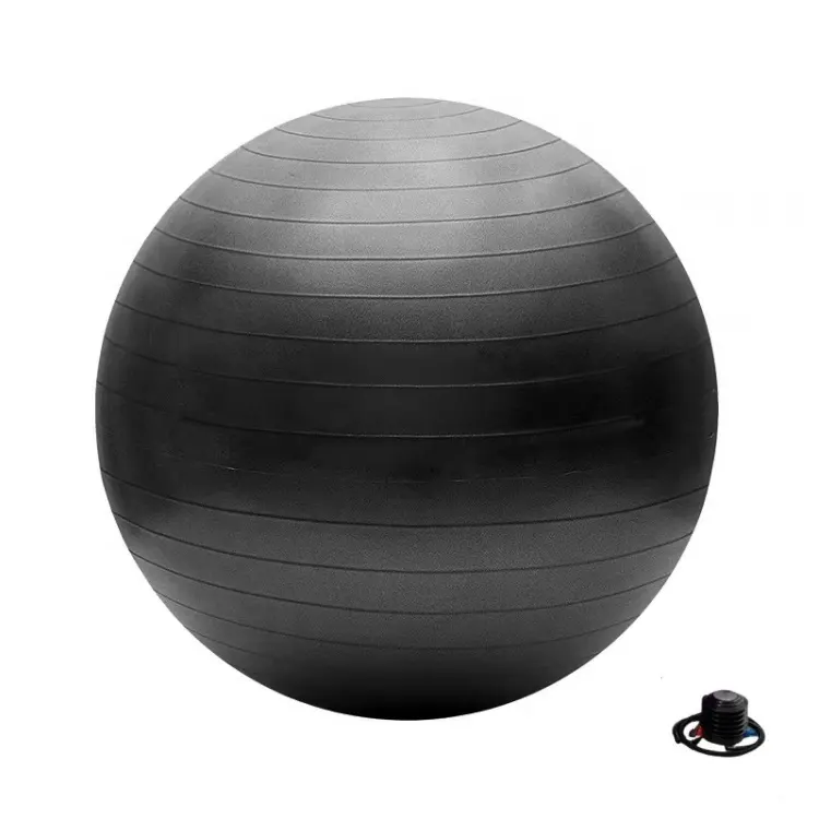 होम जिम फिटनेस व्यायाम के लिए कस्टम लोगो एंटी-बर्स्ट राउंड पीवीसी योगा बॉल 65 सेमी और 95 सेमी ब्लैक मैट कलर्स बैलेंस और पंप