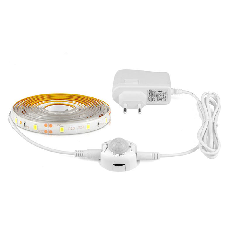 Светодиодная лампа с датчиком движения для шкафа, гардероба, кровати, под шкаф, ночник, гибкая светодиодная лента, 12 В, 110 В, 220 В, блок питания для США и ЕС