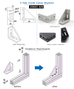 Produttore cinese 1028, staffa angolare triangolare in alluminio pressofuso a 2 lati con 4 fori, dimensioni 27*60, per profili in alluminio 3030, 3060, 6060. - Product Image 6