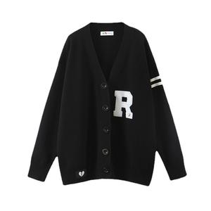 Cardigan en tricot style preppy pour femme Runqi, noir, coupe ample, coton, couleur unie, grande taille N8179 - Product Image 3